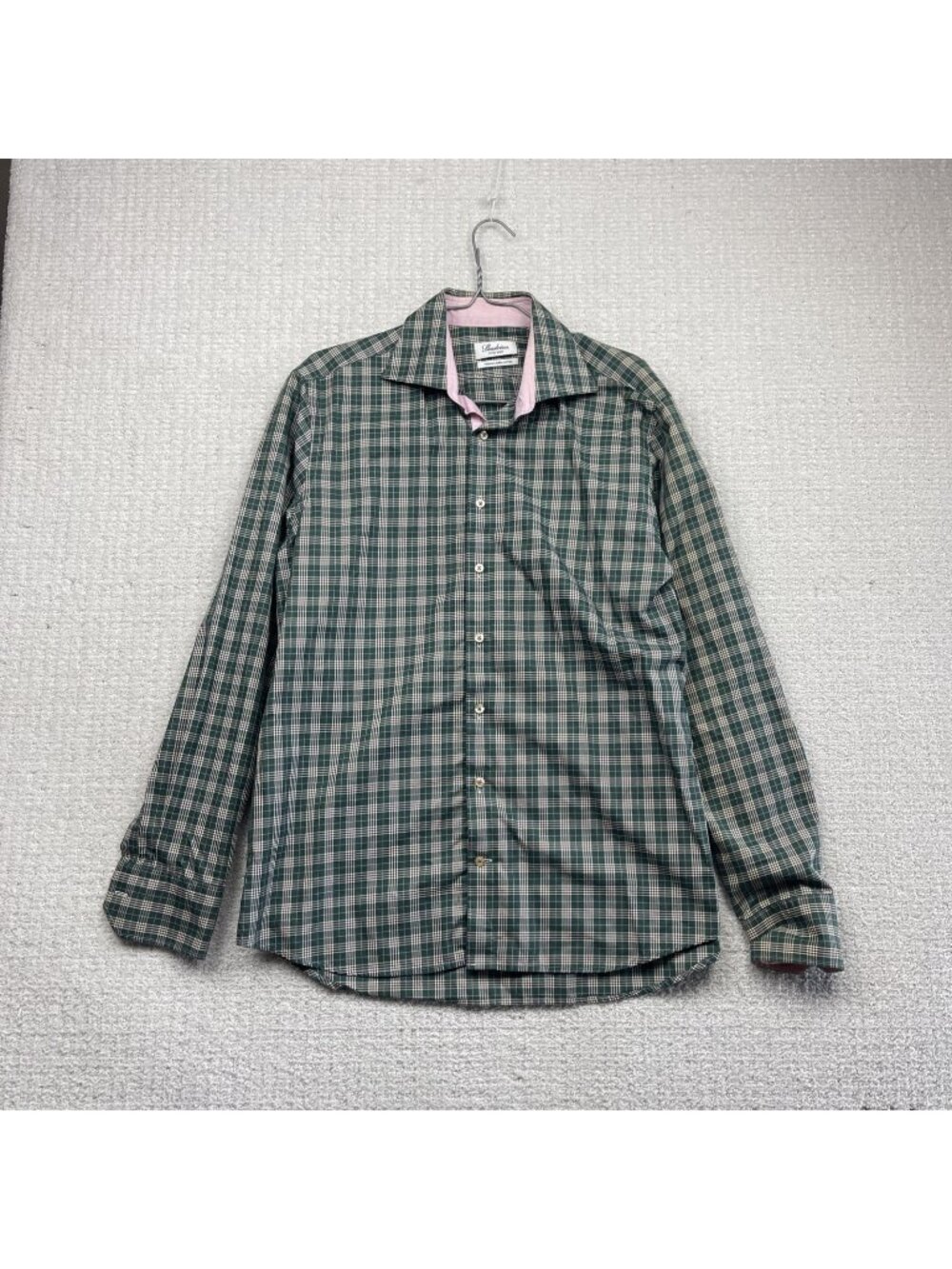 Stenstroms Button Shirt Mens 16.5 Pink / Green Plaid Fitted Twofold Cotton